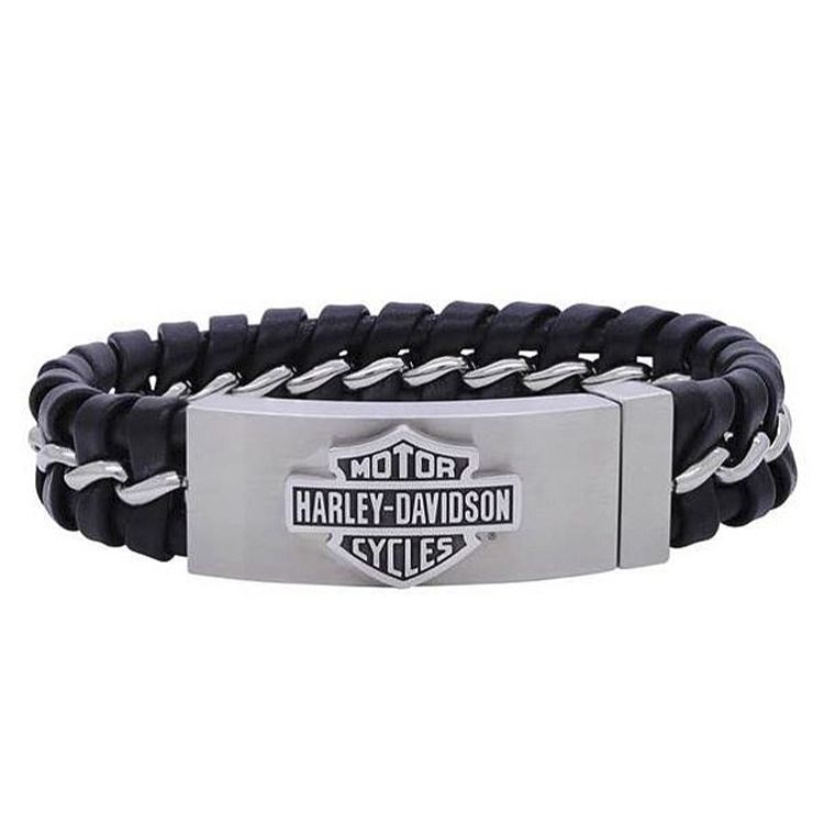 Harley-Davidson® Men's Hidden-Clasp Bar & Shield® ID Bracelet | Stainless Steel & Leather